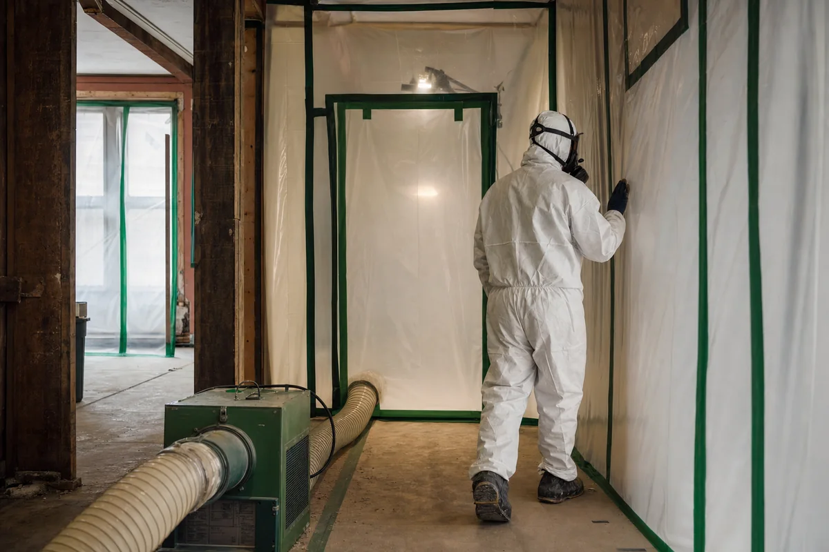 Technician working inside a sealed asbestos containment area
