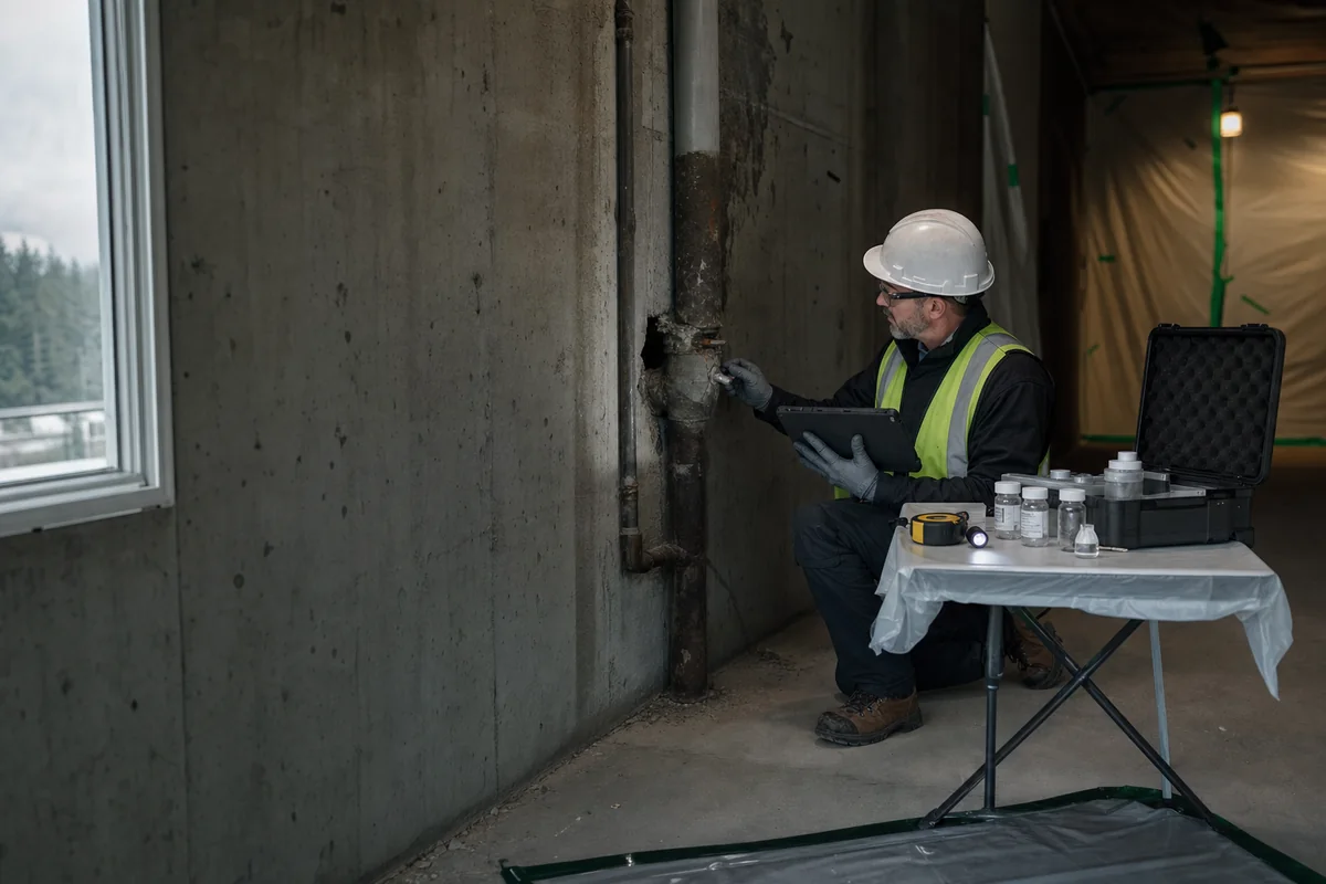 Field specialist reviewing site conditions during a hazardous materials assessment