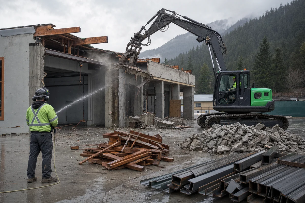 Excavator carrying out selective demolition on a controlled work site