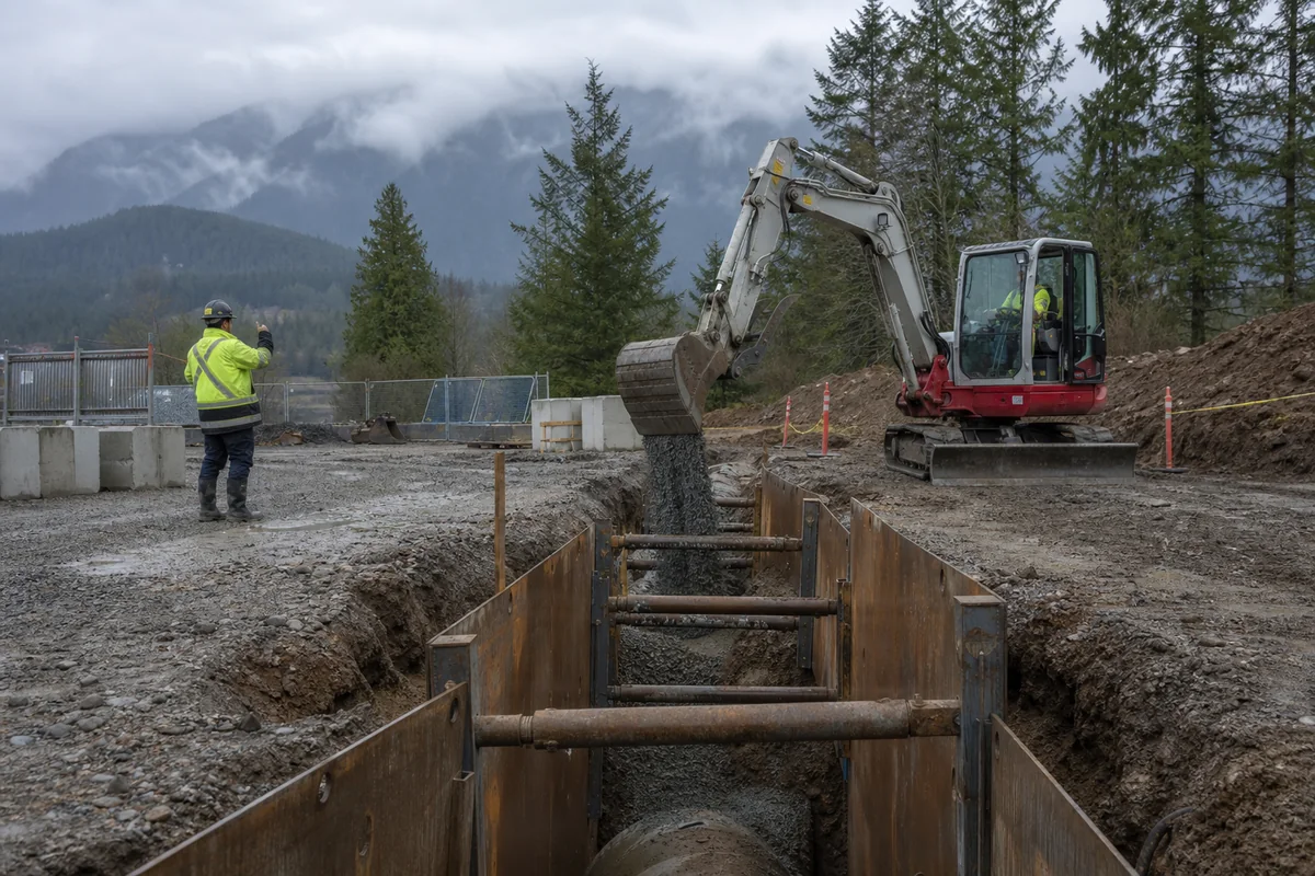 Excavator grading a prepared construction site in the Fraser Valley