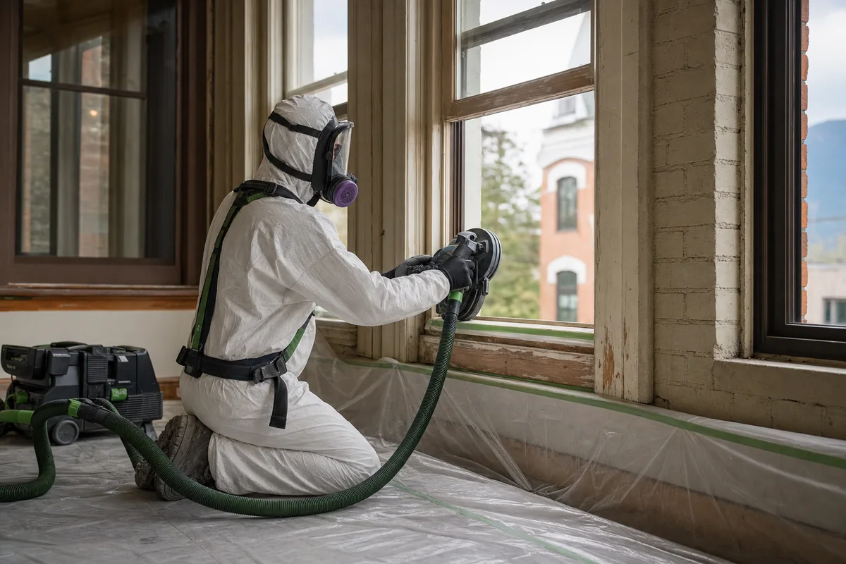 Remediation technician preparing a painted surface for controlled lead removal